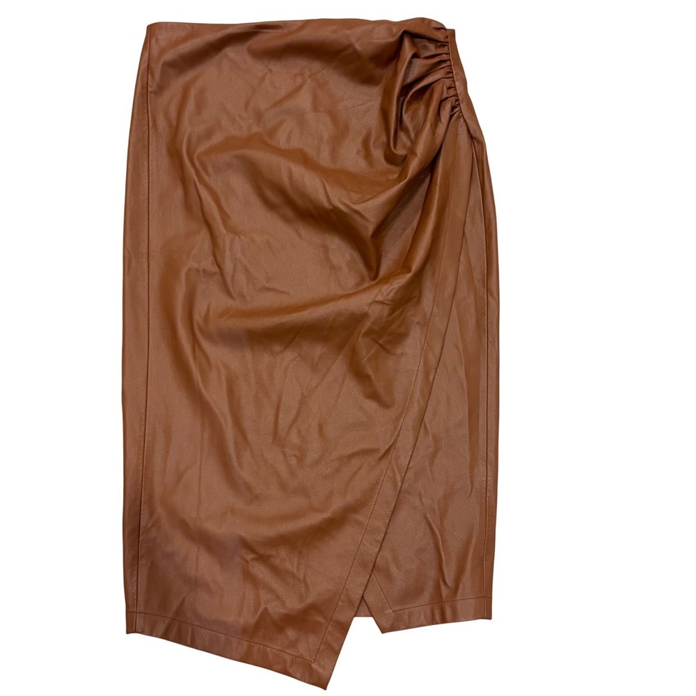 Jason Wu Collective Brown Faux Leather Ruched Wrap Midi Skirt‎ Size 12 Cognac